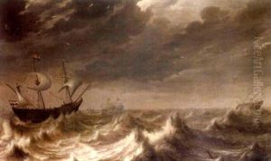 A Dutch Smalschip In A Swell, Other Shipping Beyond by Pieter Mulier the Elder