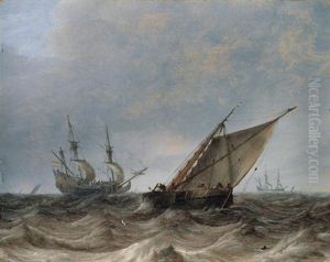 A Smalschip And A Man-of-war In Choppy Seas, Other Sailing Vessels Beyond