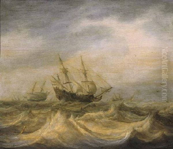 A Threemaster And Other Shipping In Choppy Waters On A Cloudy Day - view 1