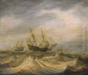 A Threemaster And Other Shipping In Choppy Waters On A Cloudy Day A Threemaster And Other Shipping In Choppy Waters On A Cloudy Day
