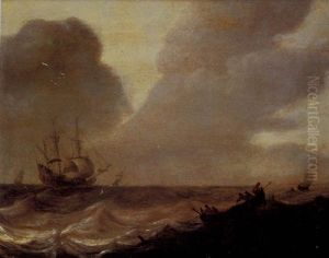 Sailors In A Rowing Boat In Choppy Waters, A Dutch Man-o'-war Beyond by Pieter Mulier the Elder
