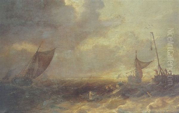 A Smalschip, A Fishing Boat With Figures Rowing Towards A Pier, And Other Vessel On Choppy Seas - view 1