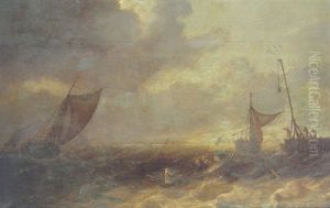 A Smalschip, A Fishing Boat With Figures Rowing Towards A Pier, And Other Vessel On Choppy Seas by Pieter Mulier the Elder