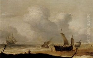 A Coastal Scene With A Fishing Pinks Beached And Close Inshore And A Man O' War Offshore