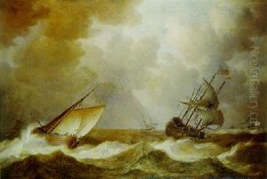 An English Man-of-war Before The Wind And A Close Hauled Hoeker, As A Storm Approches by Pieter Mulier the Elder