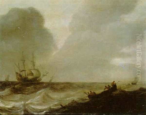 A Rowing Boat In Choppy Waters, A Warship Beyond - view 1