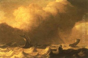 Rowboat And Dutch Ships On Rough Water