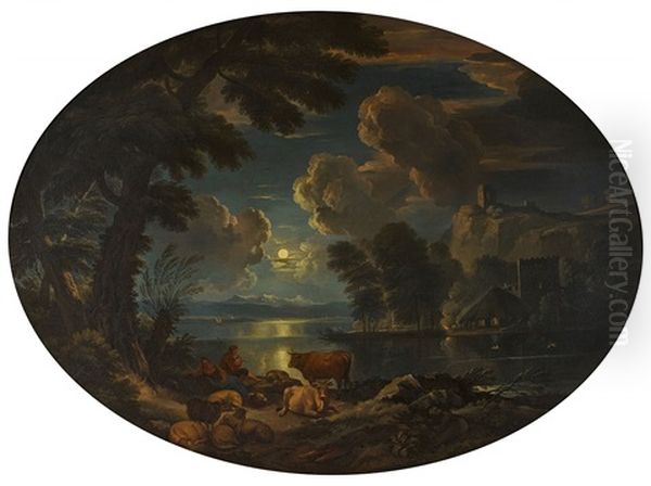 Moonlit River Landscape With A Shepherd And His Flock - view 1