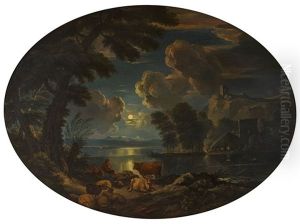 Moonlit River Landscape With A Shepherd And His Flock