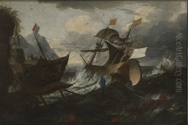 Dutch And Spanish Ships In Distress In A Heavy Gale Near A Rocky Coast, A Rowing Boat With Crew In The Foreground - view 1