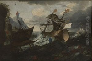 Dutch And Spanish Ships In Distress In A Heavy Gale Near A Rocky Coast, A Rowing Boat With Crew In The Foreground