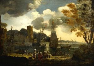 A Capriccio Coastal Scene With A Group Of Figures On Shore In The Foreground by Pieter Mulier the Younger