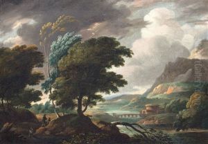 Italianiserend Landschap Met Onweerslucht En Bliksem