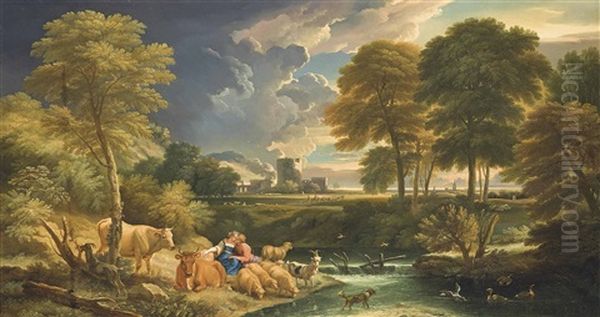 An Extensive Wooded River Landscape With A Drover And A Shepherdess At Rest With Their Herd On A Shore - view 1