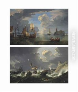 A Calm Harbour Scene With Ships Anchored Near A Fortified Rocky Outcrop (+ Shipping In Stormy Waters; Pair) by Pieter Mulier the Younger