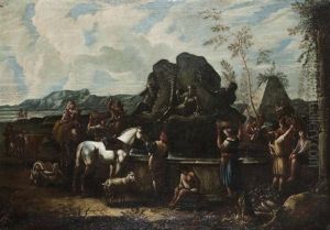 Cavaliers Et Paysans A La Fontaine De Neptune by Pieter Mulier the Younger