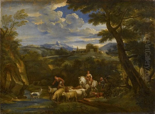 Reisende Und Ein Hirte Mit Seinem Vieh In Einer Flusslandschaft - view 1
