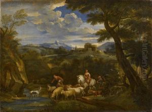 Reisende Und Ein Hirte Mit Seinem Vieh In Einer Flusslandschaft Reisende Und Ein Hirte Mit Seinem Vieh In Einer Flusslandschaft
