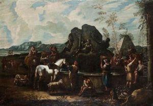 Cavaliers Et Paysans, A La Fontaine De Neptune