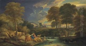 An Extensive River Landscape With Figures And Their Cattle And Sheep Resting By A Stream, A Ruined Castle Beyond by Pieter Mulier the Younger