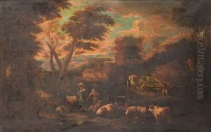 A Pastoral Landscape With A Shepherdess And Goatherd With Their Livestock In The Foreground, Other Peasants Loading A Horse, With A Cottage And Tower Beyond