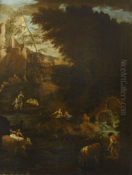 A Pastoral Landscape With Shepherds And A Cowherd Beside A Waterfall, The Ruins Of A Classical Town Beyond; And A Pastoral Landscape With A Shepherdess Resting With Her Livestock On A Ruined Bridge, Classical Buildings Beyond (pair) - view 1