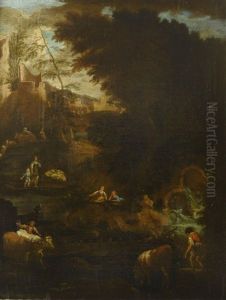 A Pastoral Landscape With Shepherds And A Cowherd Beside A Waterfall, The Ruins Of A Classical Town Beyond; And A Pastoral Landscape With A Shepherdess Resting With Her Livestock On A Ruined Bridge, Classical Buildings Beyond (pair) by Pieter Mulier the Younger