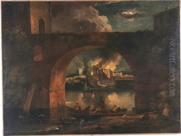 Paesaggio Lacustre Notturno Con Ponte E Citta Incendiata - view 1
