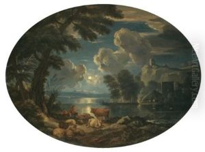 A Moonlit Scene With A Shepherd And Shepherdess Resting With Their Herd Beside A Lake A Moonlit Scene With A Shepherd And Shepherdess Resting With Their Herd Beside A Lake