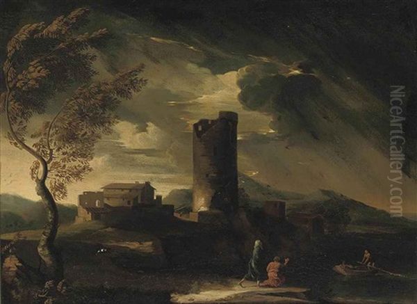 A Storm Gathering With Figures On The Bank Of A River Beside Classical Ruins - view 1