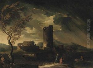A Storm Gathering With Figures On The Bank Of A River Beside Classical Ruins by Pieter Mulier the Younger