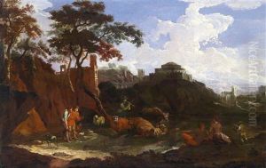 Weite Sudliche, Gebirgige Landschaft Mit Ruinen, Einem Kastell Mit Hirten Und Herde by Pieter Mulier the Younger