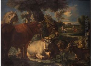 Landschaft Mit Rindern, Pferd, Esel Und Horntieren Mit Mythologischer Darstellung