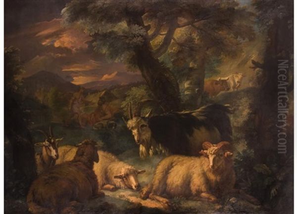Waldlandschaft Mit Ziegen, Schafen Und Rindern Sowie Der Mythologischen Darstellung Von Hermes Beim Besuch Des Rinderhirten Battus - view 1
