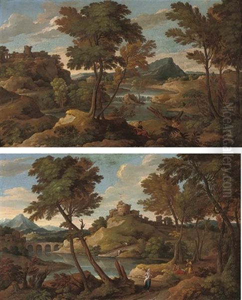 An Extensive Italianate Landscape With Figures On A Bank (+ An Italianate Landscape With Travellers Conversing; Pair) - view 1