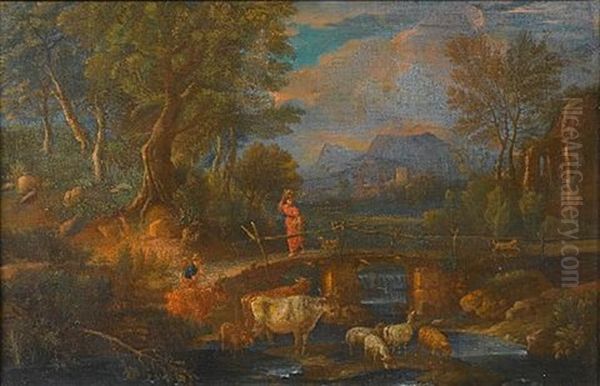 An Italianate Landscape With A Young Woman Crossing A Bridge And A Drover Watering His Cattle And Sheep At A Stream - view 1