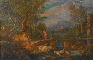 An Italianate Landscape With A Young Woman Crossing A Bridge And A Drover Watering His Cattle And Sheep At A Stream by Pieter Mulier the Younger