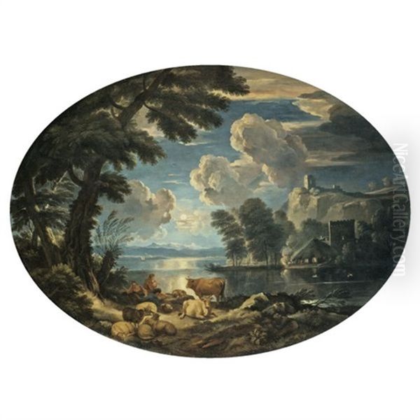 A Moonlit Pastoral Scene With A Shepherd Resting His Flock By A Lake - view 1