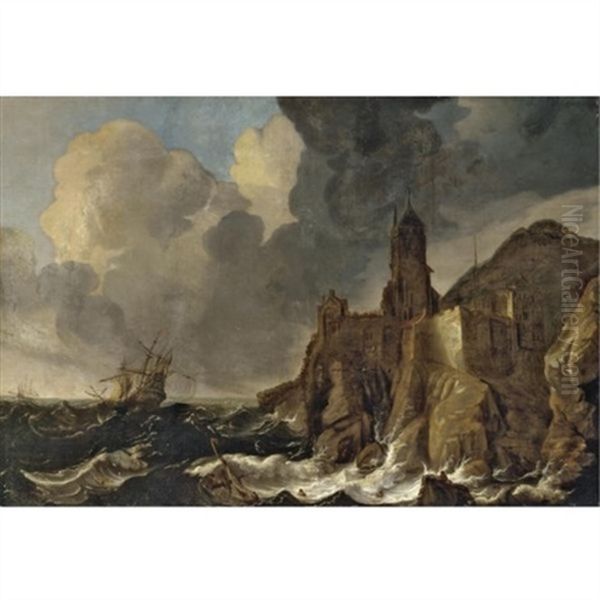A Stormy Coastal Scene With Ships Being Wrecked Before A Clifftop Town - view 1