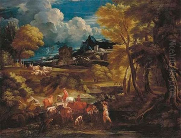 An Italianate Landscape With Herdsmen Crossing A Stream - view 1