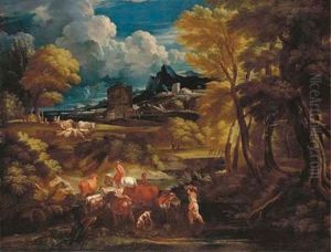 An Italianate Landscape With Herdsmen Crossing A Stream