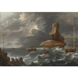 A Stormy Coastal Scene With Ships Being Wrecked Before A Clifftop Town A Stormy Coastal Scene With Ships Being Wrecked Before A Clifftop Town