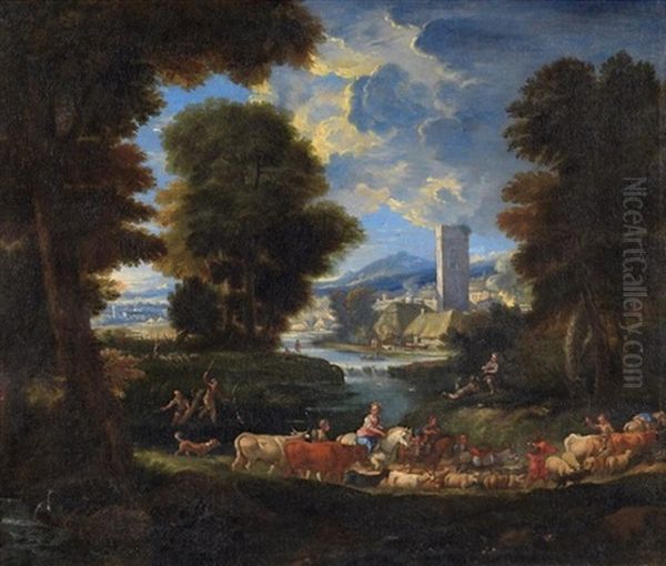 Hirten Mit Ihrer Viehherde Vor Weiter Fluss- Und Gebirgslandschaft - view 1