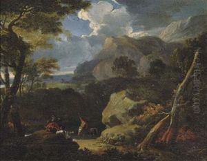 A Mountainous Landscape With Peasants Fishing By A Stream At The Edge Of A Wood
