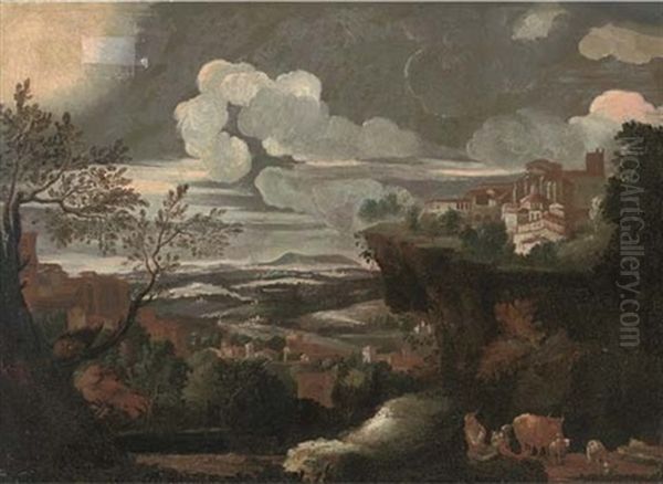 An Extensive Mountainous Landscape, With A Shepherd And His Flock, A Town Beyond - view 1