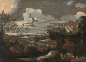 An Extensive Mountainous Landscape, With A Shepherd And His Flock, A Town Beyond by Pieter Mulier the Younger