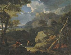 A Mountainous Landscape With A Peasant Fishing By A Stream At The Edge Of A Wood