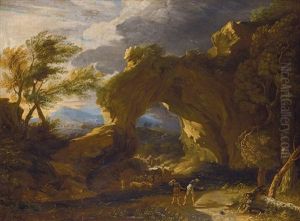 A Stormy Italianate Landscape With Drovers And Their Animals Fording A Stream by Pieter Mulier the Younger
