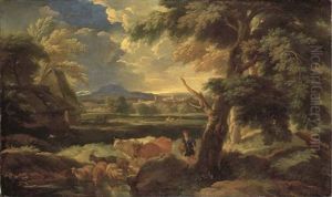 An Italianate Landscape With A Herdsman Watering His Livestock by Pieter Mulier the Younger