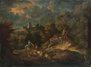 An Italianate Landscape With A Shepherd And His Flock With A Young Woman Riding A Horse, A View To A Village Beyond An Italianate Landscape With A Shepherd And His Flock With A Young Woman Riding A Horse, A View To A Village Beyond